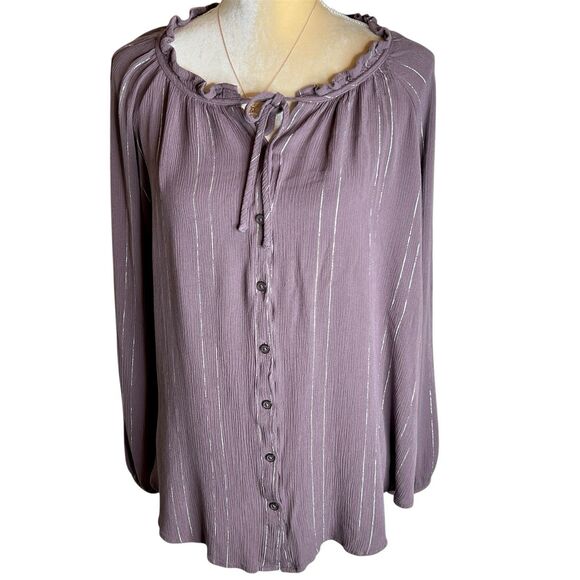 Torrid Peasant Top Sz 3 Mauve With Buttons Tie At Neck Long Sleeves Gold Thread - Picture 2 of 8